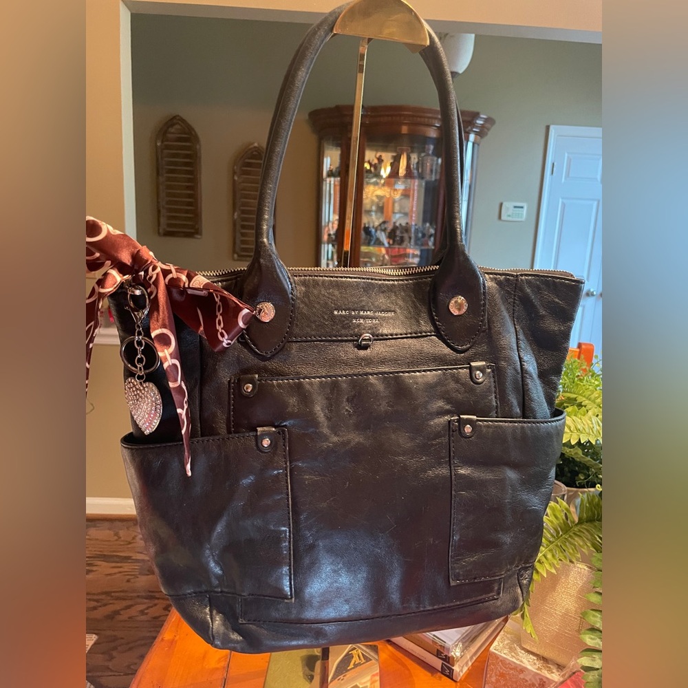 Marc by Marc Jacob’s New York Black Leather Tote with Scarf Accent